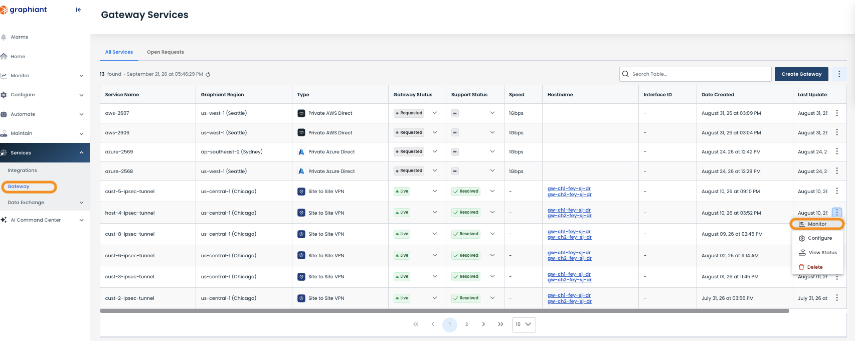 Gateway services overview with service names, regions, and statuses displayed in a table.
